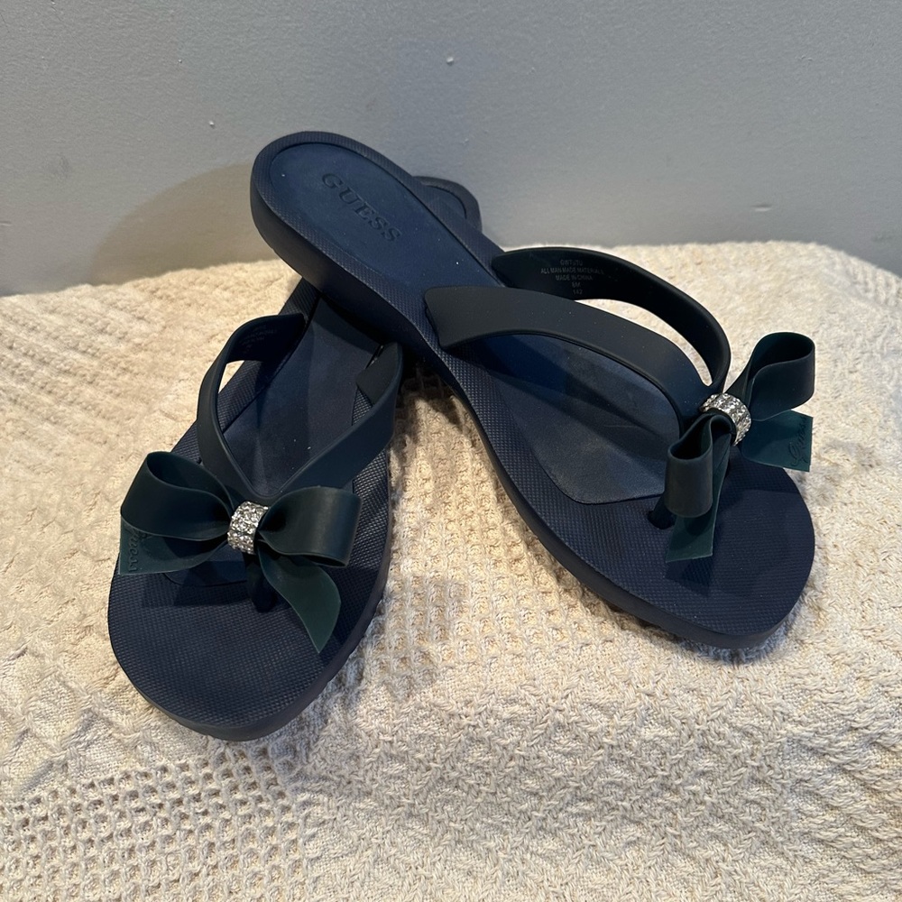 Guess Women's Dark Blue Sandals with rhinestone Bow Detail